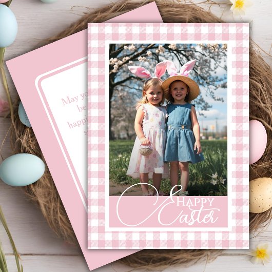 Roze en Witte Gingham Happy Easter Custom Foto Feestdagenkaart
