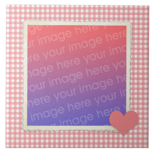 Roze en Witte Gingham met Hart Lijst Uw Foto Tegeltje
