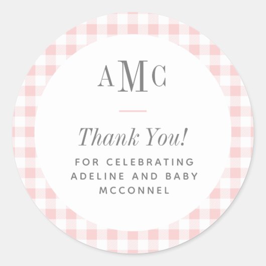Roze en witte Gingham Monogram Bedankt Ronde Sticker (Voorkant)