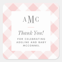 Roze en Witte Gingham Monogram Bedankt Vierkant S Vierkante Sticker