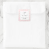 Roze en witte Gingham Monogram Bedankt Vierkante Sticker (Tas)
