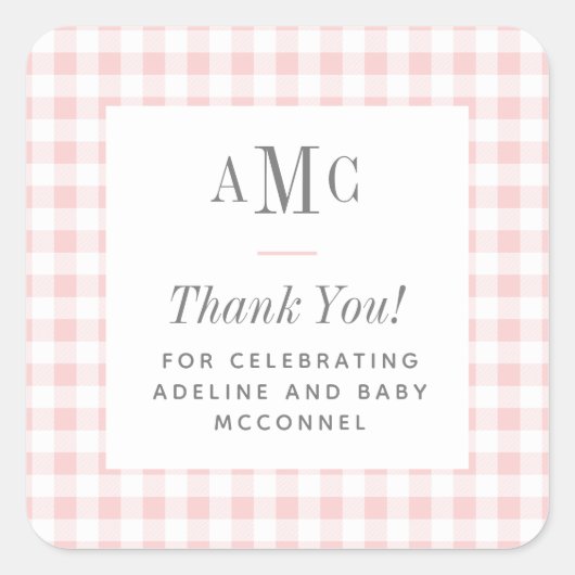 Roze en witte Gingham Monogram Bedankt Vierkante Sticker (Voorkant)