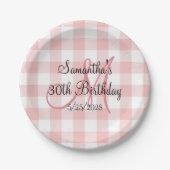 Roze en witte Gingham Monogram Birthday Papieren Bordje (Voorkant)