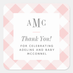 Roze en Witte Gingham Monogram Dank Je Vierkante S Sticker