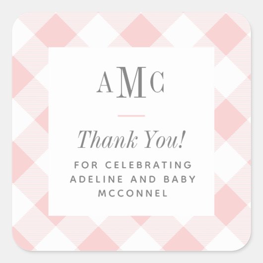 Roze en Witte Gingham Monogram Dank Je Vierkante S Sticker (Voorkant)