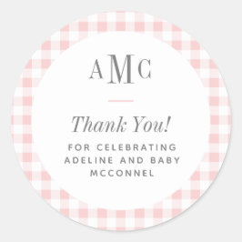 Roze en witte Gingham Monogram Dank u Ronde Sticker