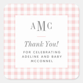 Roze en witte Gingham Monogram Dank u Vierkante Sticker