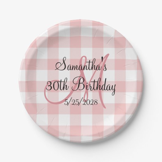 Roze en Witte Gingham Monogram Verjaardag Papieren Bordje (Voorkant)