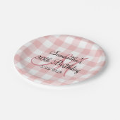 Roze en Witte Gingham Monogram Verjaardag Papieren Bordje (Gekanteld)