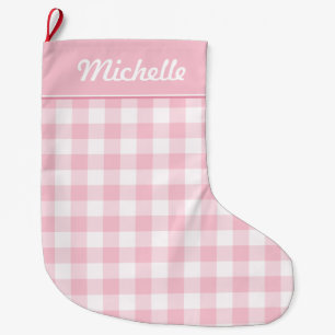 Roze en witte gingham, op maat gesneden grote kerstsok