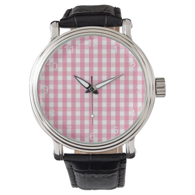 Roze en witte gingham Patroon Horloge (Voorkant)