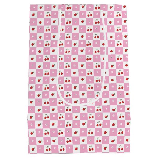 Roze en Witte Gingham Patroon Kersen Gift Bag Medium Cadeauzakje (Achterkant)