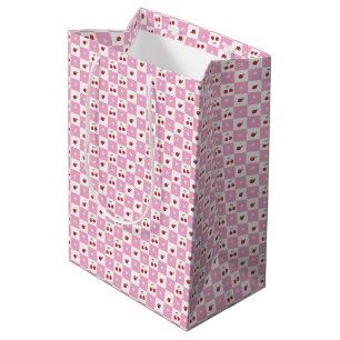 Roze en Witte Gingham Patroon Kersen Gift Bag Medium Cadeauzakje