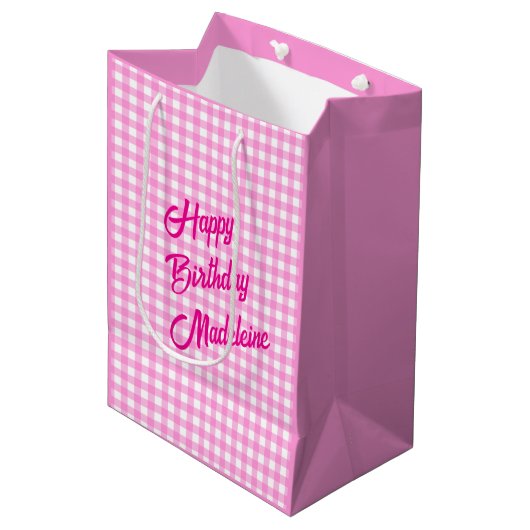 Roze en witte gingham Patroon Medium Cadeauzakje (Voorkant Gekanteld)