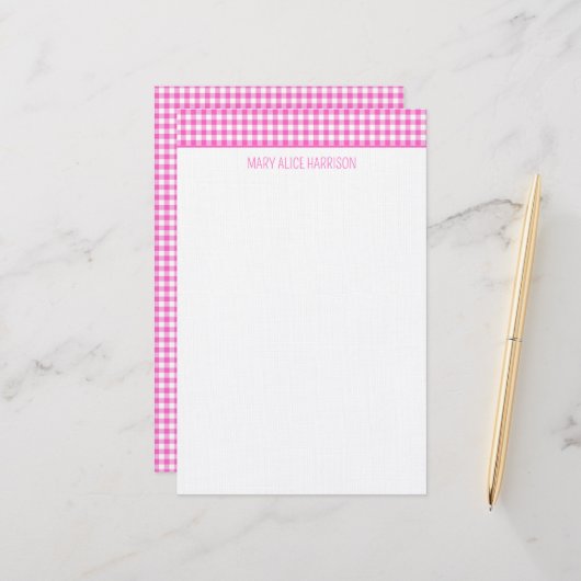 Roze en Witte Gingham Plaid Persoonlijk Briefpapier (Voorkant / Achterkant in situ)