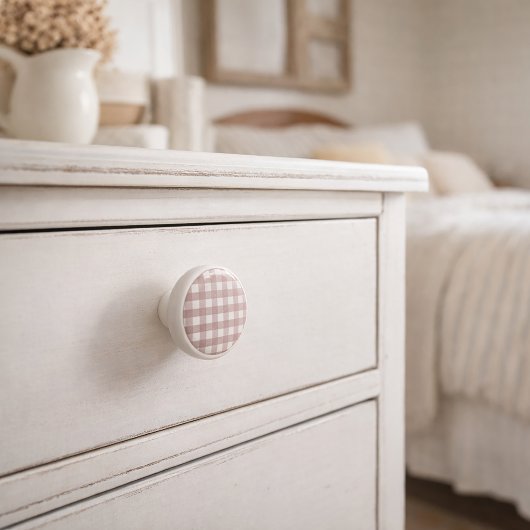 Roze en witte gingham ruitpatroon keramische knop