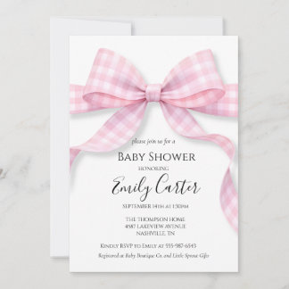 Roze en Witte Gingham Strik Baby Shower Uitnodigin Kaart