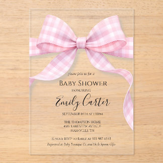 Roze en Witte Gingham Strik Babyshower Uitnodiging