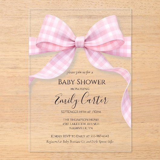 Roze en Witte Gingham Strik Babyshower Uitnodiging (Voorkant)