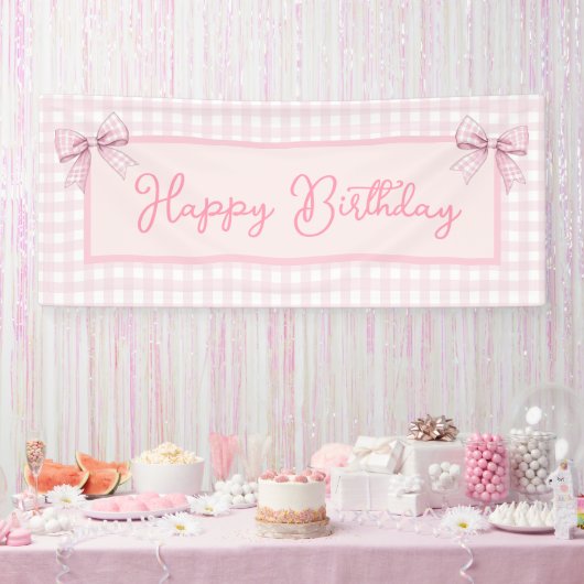 Roze en Witte Gingham Verjaardag Spandoek (Feest)