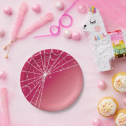Roze en witte glinsterende diamanten spinnenweb papieren bordje (Feest)