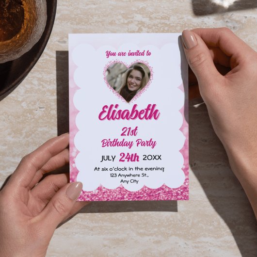 Roze en witte glitter 15e verjaardag foto kaart