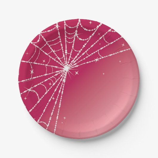 Roze en Witte Glitterende Diamanten Spinnenweb Papieren Bordje (Voorkant)