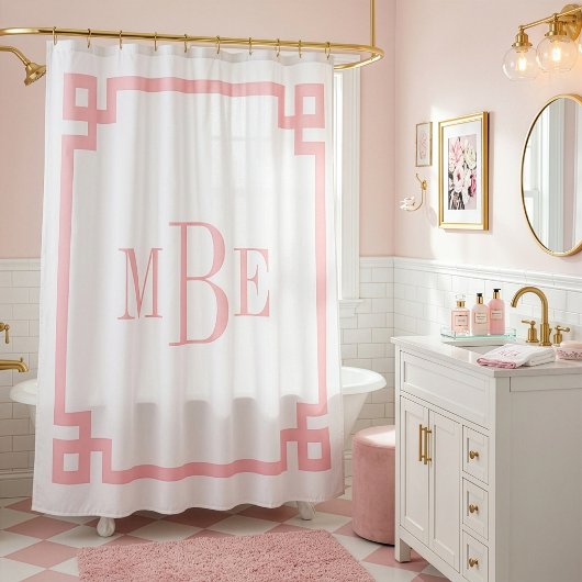 Roze en witte Griekse sleutel | Met monogram Douchegordijn