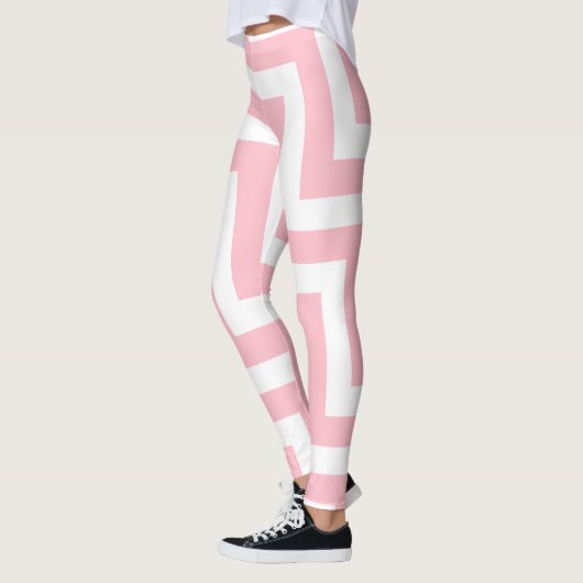Roze en Witte Grote Grootte Diagonale Chevron Leggings (Links)