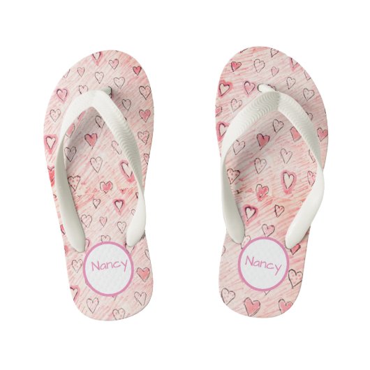 Roze en witte harten met naam Paar Teenslippers (Voetbed)