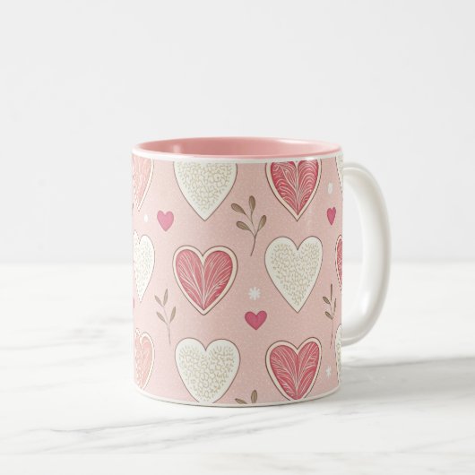 Roze en Witte Harten Patroon Valentijnsdag Tweekleurige Koffiemok (Voorkant rechts)
