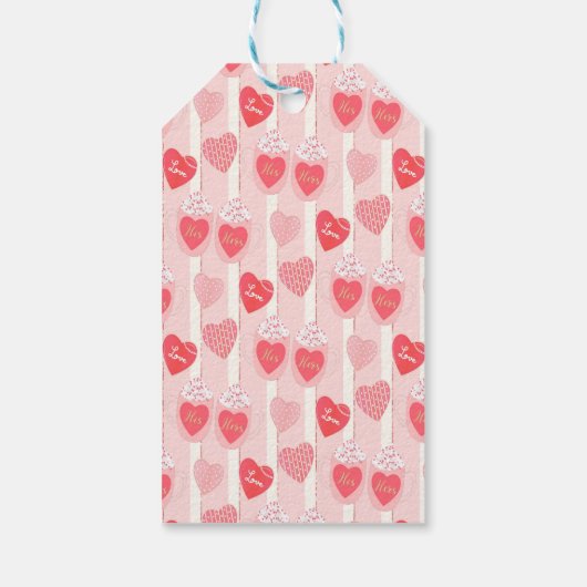 Roze en witte harten, witte streamers cadeaulabel (Achterkant)