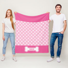 Roze en Witte Hond Poot en Bot Met Naam Fleece Deken