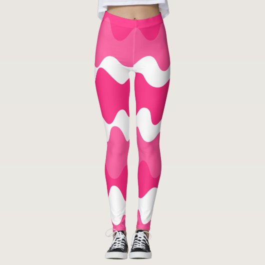 Roze en witte horizontale golven patroon leggings (Voorkant)