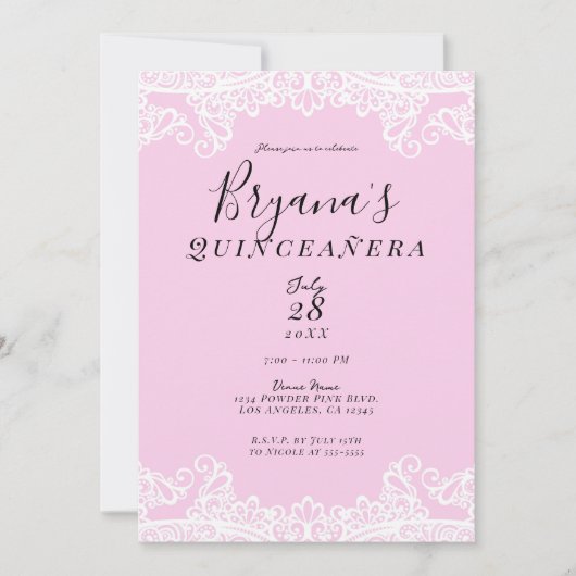 Roze en witte kant Elegant Quinceañera Kaart (Voorkant)