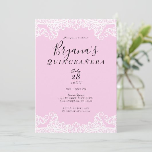 Roze en witte kant Elegant Quinceañera Kaart (Staand voorkant)