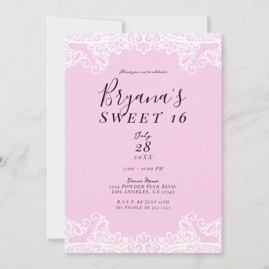 Roze en witte kant Elegant Sweet 16 Party Kaart (Voorkant)