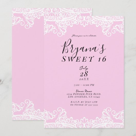Roze en witte kant Elegant Sweet 16 Party Kaart (Voorkant / Achterkant)