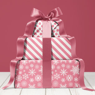 Roze en Witte Kerst Winter Sneeuwvlokken Patroon Inpakpapier Vel