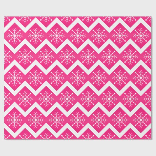 Roze en witte kerstsnowflakes Chevron Pattern Cadeaupapier (Vlak)