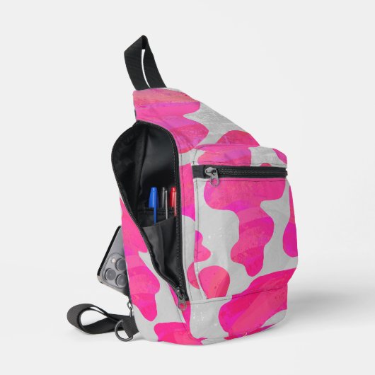 Roze en witte Koe Print Sling Bag (Open)