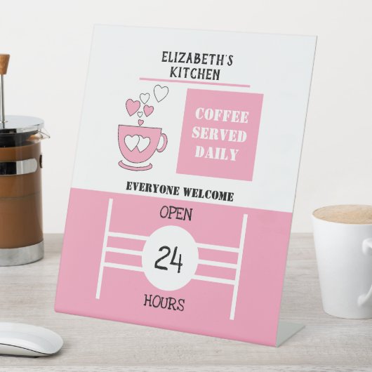 Roze en witte koffie dagelijks 24 uur geserveerd reclamebord met voetstuk (Insitu)
