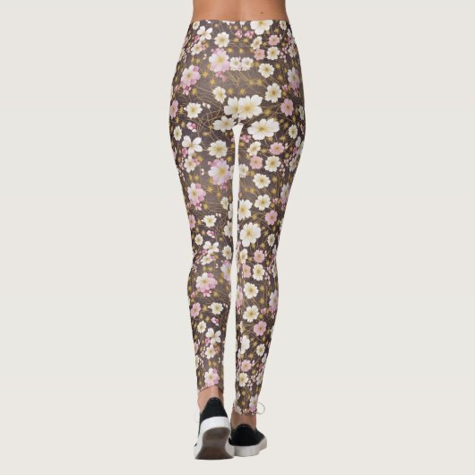 Roze en witte kosmos bloemmotief leggings (Achterkant)