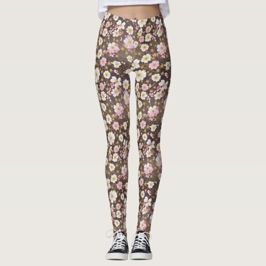 Roze en witte kosmos bloemmotief leggings (Voorkant)