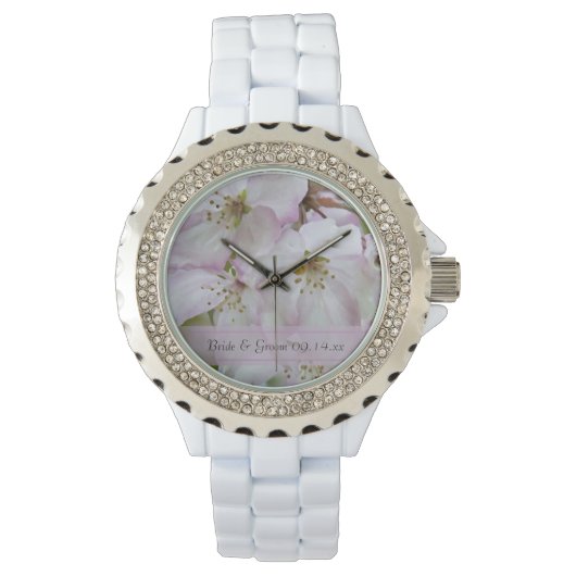 Roze en witte krab appel bloesems bruiloft horloge (Voorkant)