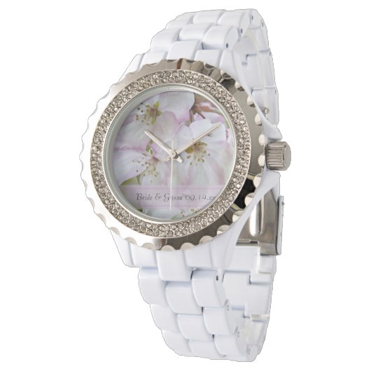 Roze en witte krab appel bloesems bruiloft horloge (Gekanteld)