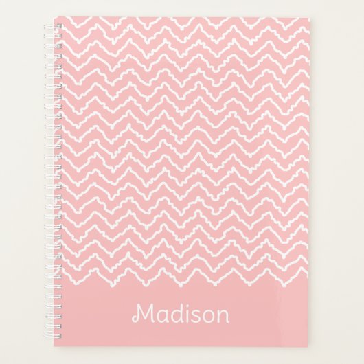 Roze en witte kronkelige Chevron Zigzag Met Naam Planner (Voorkant)