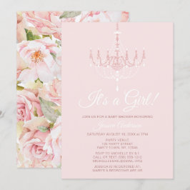 Roze en Witte Kroonluchter Bloemen Roos Baby showe Kaart
