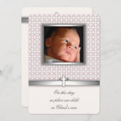 Roze en Witte Kruis foto doopuitnodigingen Kaart (Voorkant / Achterkant)