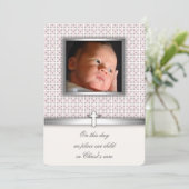 Roze en Witte Kruis foto doopuitnodigingen Kaart (Staand voorkant)